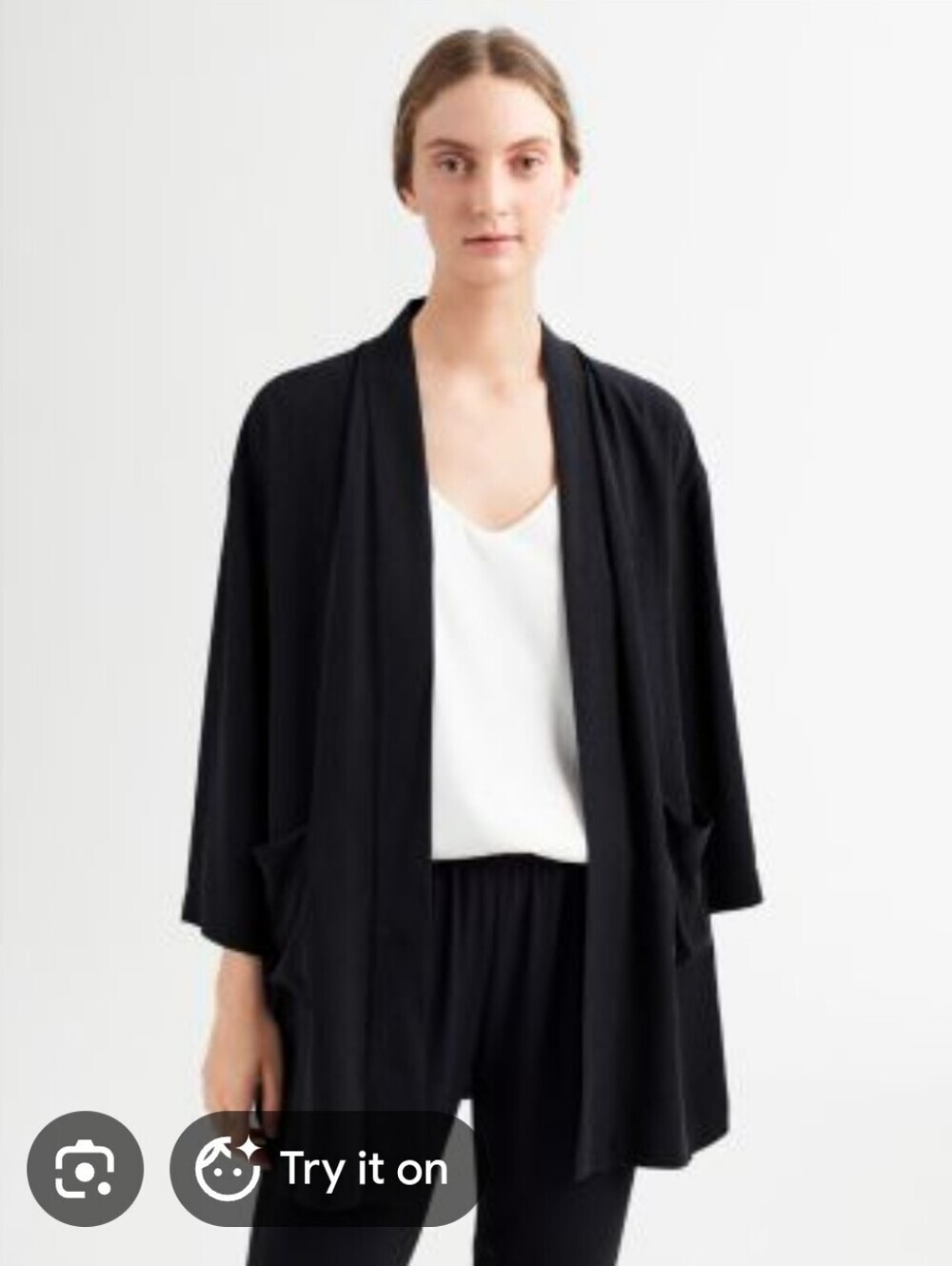 Eileen Fisher Open Front Stretch 3/4 sleeves Jacket Black Pockets Med Lagenlook